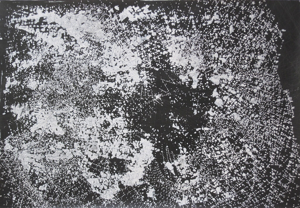 Nouvelles incidences en noir et blanc, encre et acrylique sur papier, 164x114cm, 2014