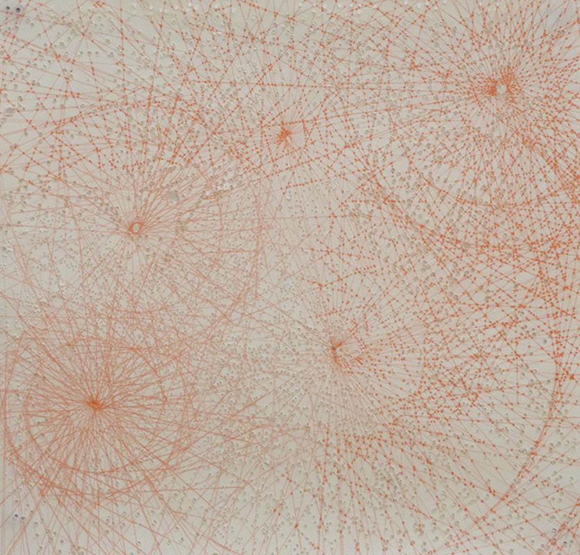 TRAVERSÉE ROUGE, crayons de couleurs et trouées sur papier, 42*42 cm, 2008